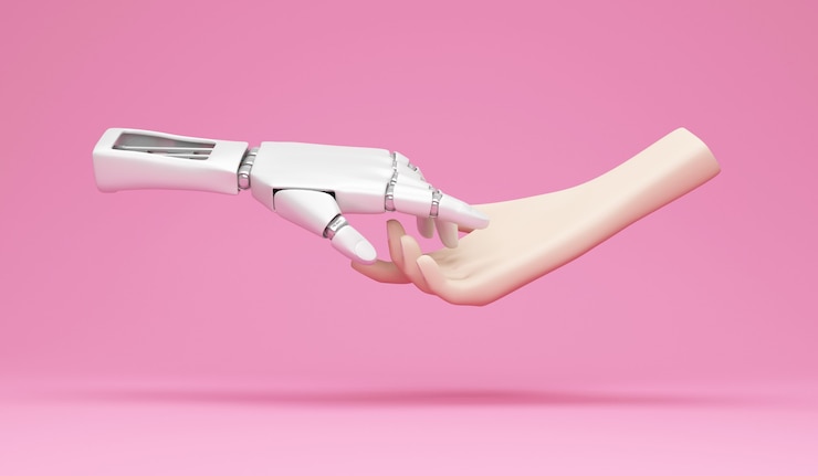 Foto mano robótica de metal y mano humana sobre fondo de estudio
