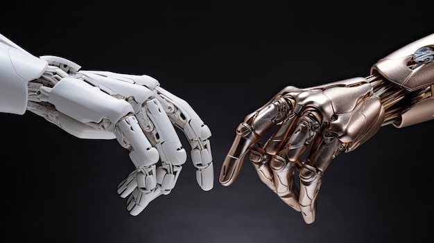 La mano robótica metálica compite en armwrestling simbolizando la integración tecnológica