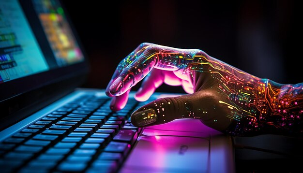 Mano robótica presionando un teclado en una computadora portátil