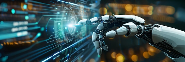 Mano robótica que interactúa con interfaz holográfica de alta tecnología Tecnología futurista y avances en IA