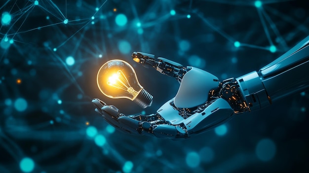 Mano robótica sosteniendo una bombilla incandescente que simboliza la tecnología de innovación e ideas futuras en Blue Bac