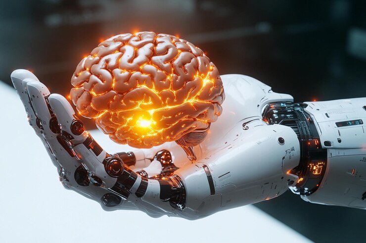 Mano robótica sosteniendo un cerebro brillante en un entorno futurista IA generativa