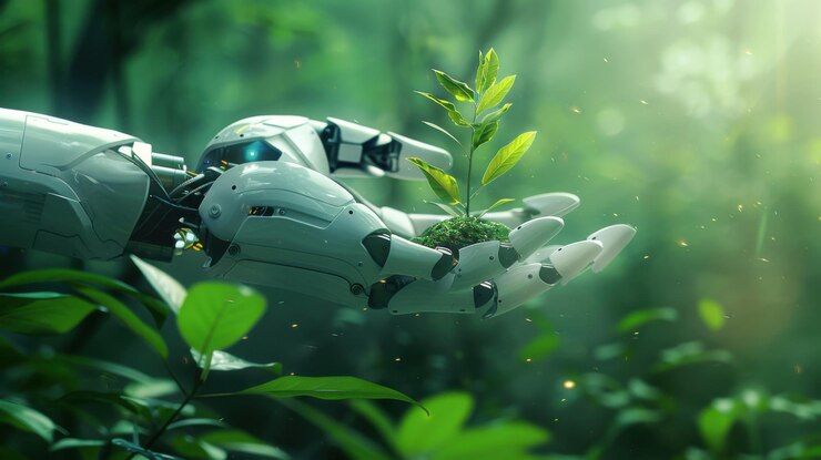 mano robótica sosteniendo una planta emergente en un bosque que simboliza la protección del medio ambiente y