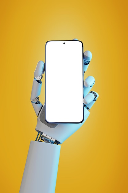 Mano robótica sosteniendo un teléfono móvil con un espacio en blanco aislado en la ilustración 3d de fondo amarillo