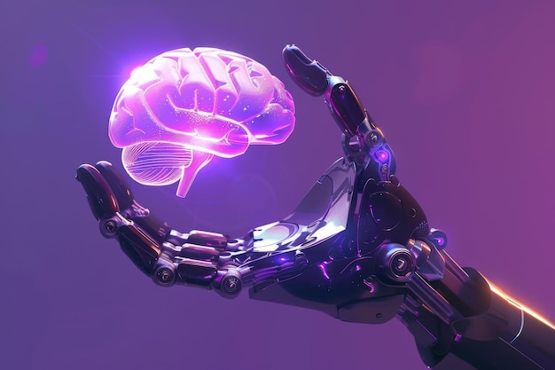 Foto una mano robótica sostiene un cerebro brillante en su palma emitiendo un fluido púrpura líquido