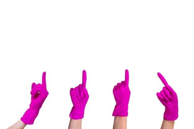 Mano rosa guante médico blanco aislado signo gesto símbolo mostrar dedo índice dirección acentuación atención cuatro
