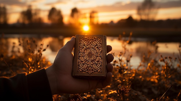 La mano sagrada del atardecer sosteniendo el Corán Majid Libro