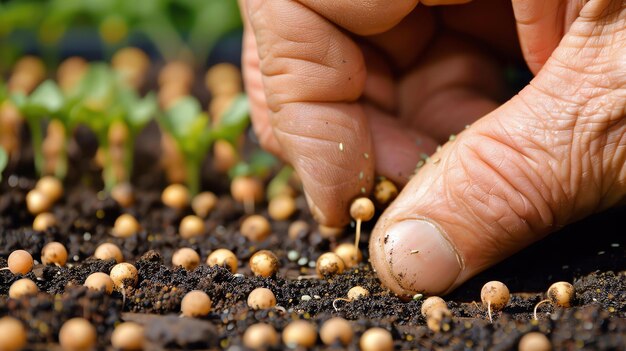 Foto la mano del sembrador siembra semillas en el suelo el concepto de plantar y cultivar plantas