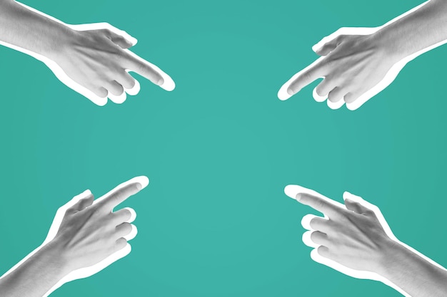 La mano señala con el dedo, con la flecha roja. Colage digital de arte moderno.