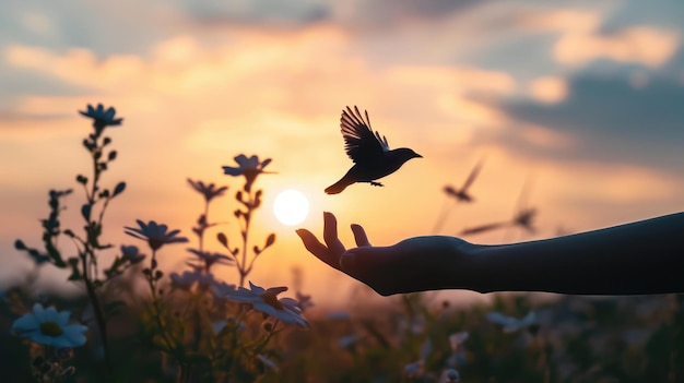 Foto mano de silhouette39s y pájaro volando en un hermoso cielo