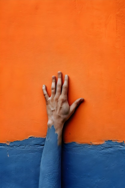 Una mano sobre un fondo azul y naranja está cubierta de pintura azul.