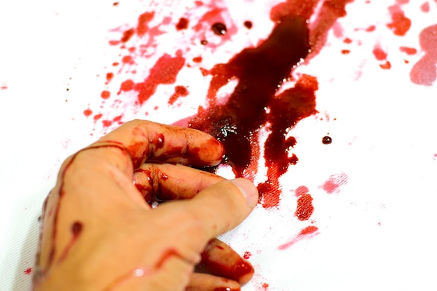 Foto mano sobre un fondo blanco todo está cubierto de sangre