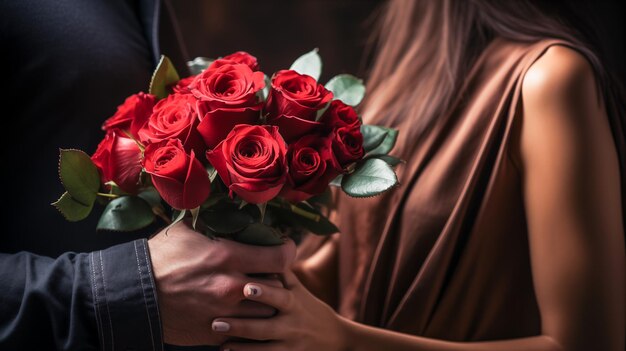 la mano sostener un ramo de rosas para dar a alguien en un tiempo espacial de San Valentín