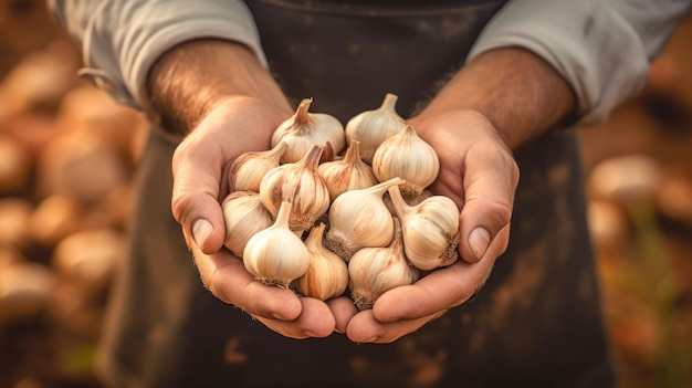 la mano sosteniendo el ajo en el campo agrícola