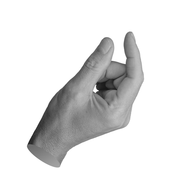 Mano sosteniendo algo cosa invisible espacio entre dos dedos aislados en fondo blanco