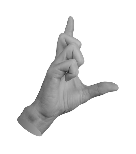 Mano sosteniendo algo invisible gran gran espacio entre dos dedos aislados en fondo blanco