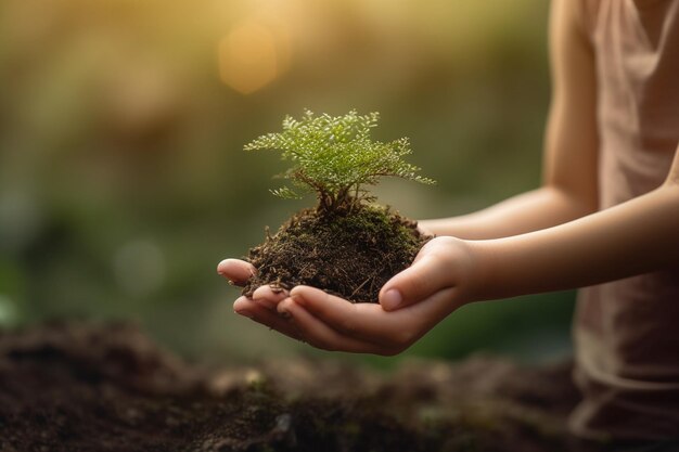 Mano sosteniendo árboles y suelos en la conciencia ambiental de la naturaleza verde borrosa