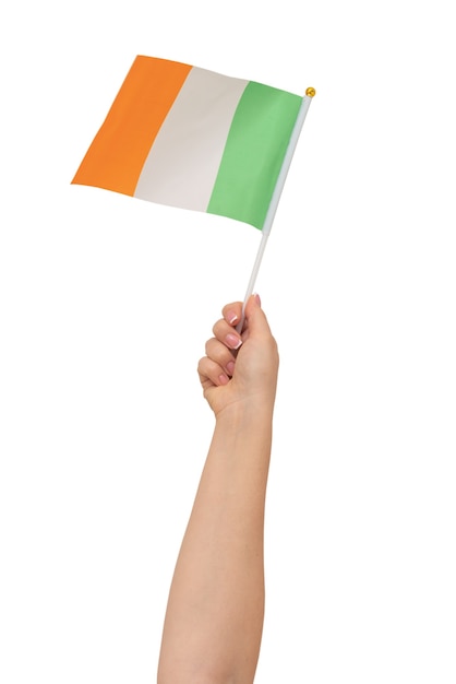 Una mano sosteniendo la bandera de Irlanda