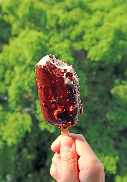 Mano sosteniendo una barra de helado bañada en chocolate mordido con un jardín verde borroso en el telón de fondo