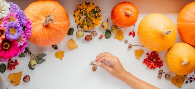 Una mano sosteniendo bellota sobre calabazas y hojas secas diseño de otoño