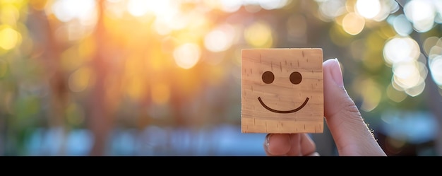 Foto una mano sosteniendo un bloque de madera con una cara sonriente en él