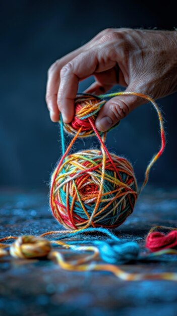 La mano sosteniendo una bola de hilo