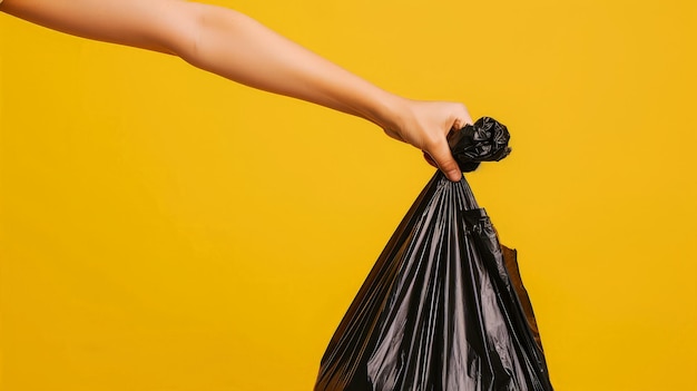 Foto la mano sosteniendo una bolsa de basura sobre un fondo amarillo