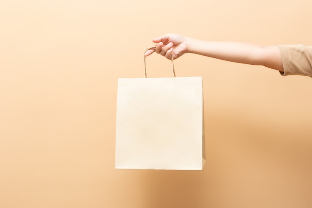 Mano sosteniendo una bolsa de papel aislada sobre fondo