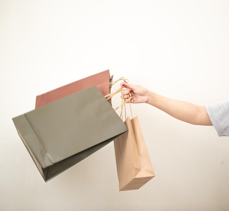 mano sosteniendo una bolsa de papel de compras contra un fondo aislado blanco