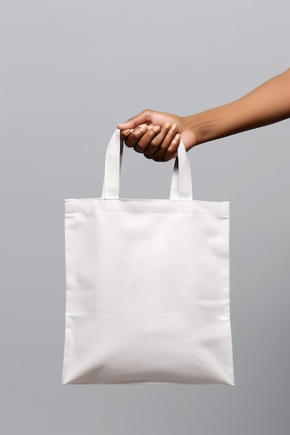 Mano sosteniendo una bolsa reutilizable en blanco estilo simulado Ilustración generada por AI