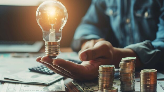 Una mano sosteniendo una bombilla brillante con pilas de monedas en el fondo