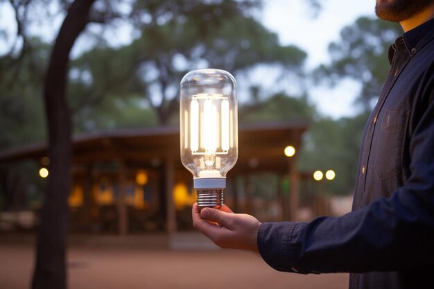Foto mano sosteniendo una bombilla fluorescente compacta de bajo consumo al aire libre