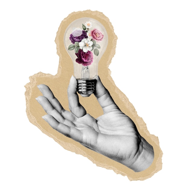 Con la mano sosteniendo la bombilla pegatina png papel rasgado fondo transparente
