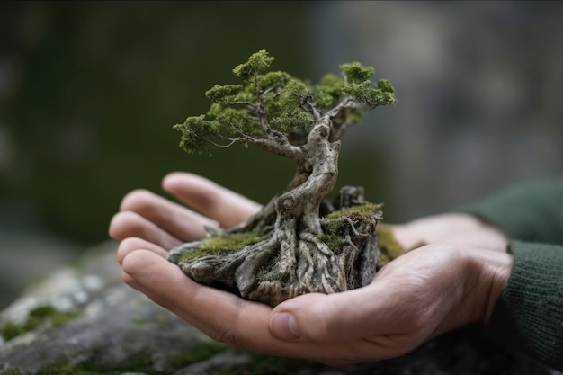 Una mano sosteniendo un bonsái IA generativa