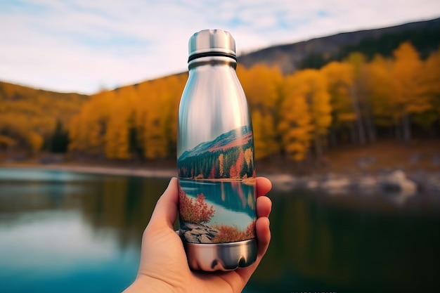 Mano sosteniendo una botella de agua termo reutilizable con la naturaleza al fondo