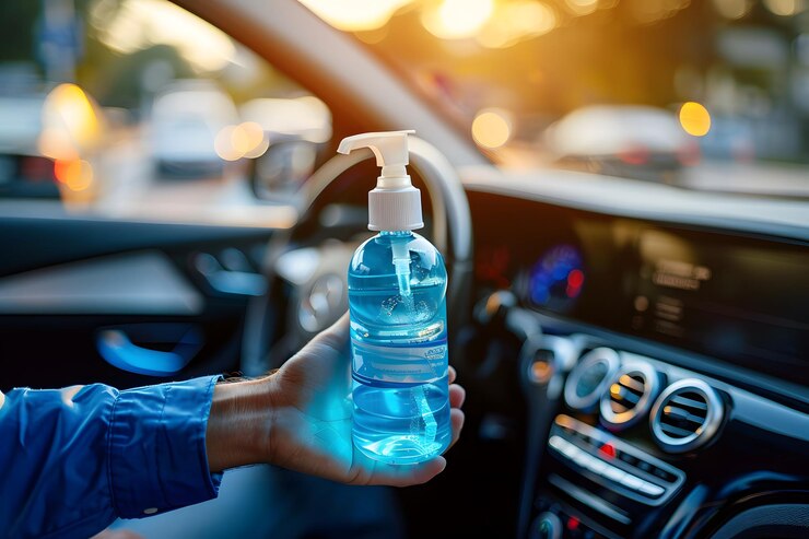 La mano sosteniendo una botella de bombeo de líquido dentro de un coche al atardecer