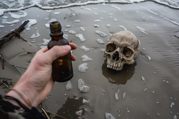 La mano sosteniendo la botella cerca del cráneo en la marea de arena húmeda que viene