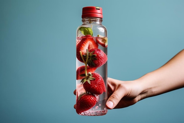 Una mano sosteniendo una botella de fresas con tapa roja.