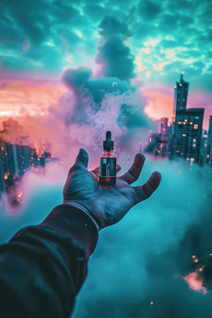 Una mano sosteniendo una botella de vape en una ciudad con humo y luces