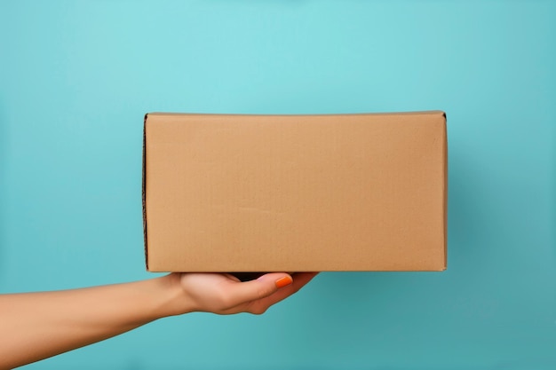 mano sosteniendo una caja marrón sobre fondo azul