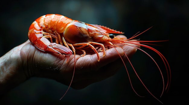 Foto una mano sosteniendo un camarón rojo fresco sobre un entorno negro y un gran espacio ia generativa