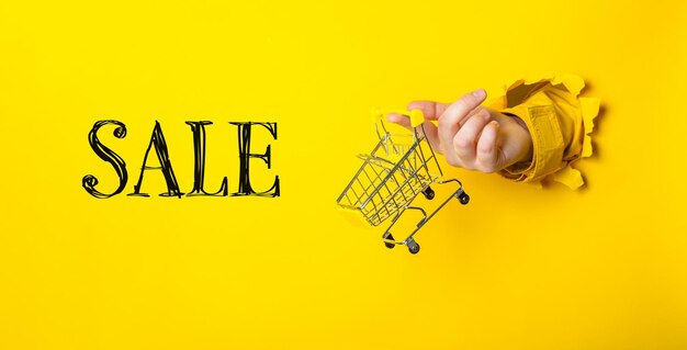 Mano sosteniendo un carrito de compras con la palabra Venta escrita en el fondo