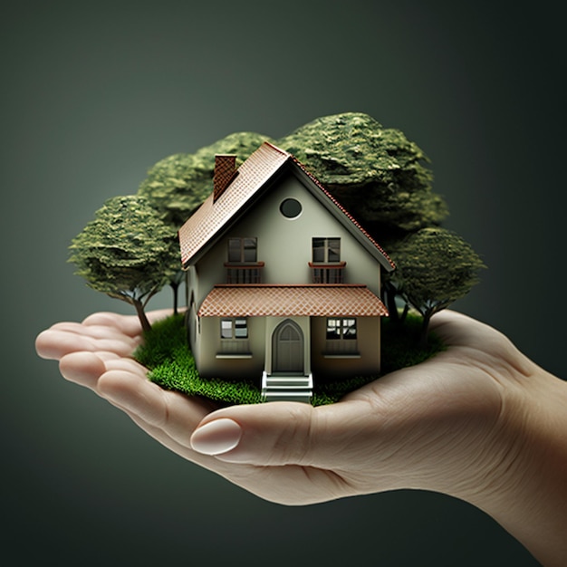 Una mano sosteniendo una casa con un árbol en la parte superior.