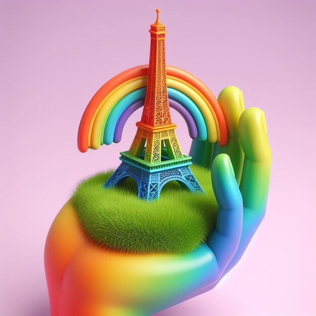 la mano sosteniendo los colores del arco iris la torre eiffel