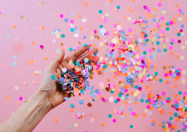 La mano sosteniendo confeti colorido contra un fondo rosado suave
