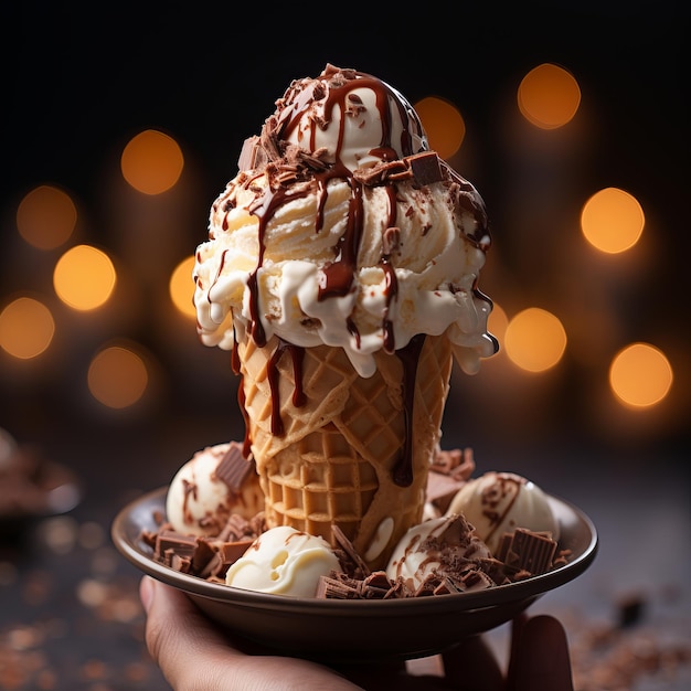 Mano sosteniendo un cono de helado con una bola de helado con mucho chocolate derretido