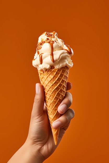 Una mano sosteniendo un cono de helado con caramelo