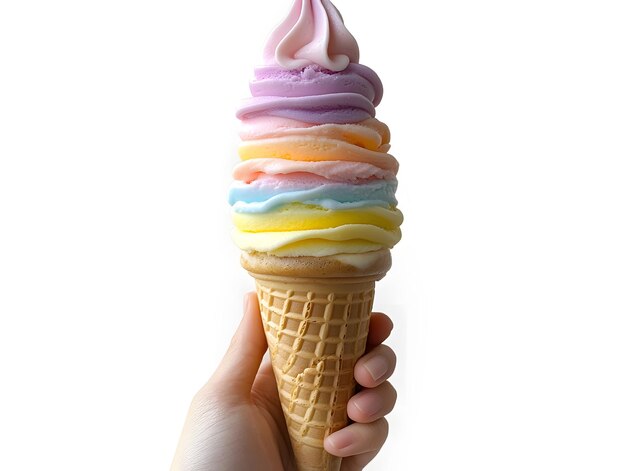 una mano sosteniendo un cono de helado con colores de arco iris en un fondo blanco generado por IA