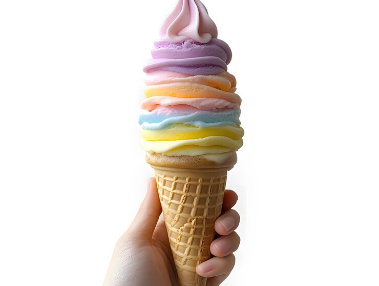 una mano sosteniendo un cono de helado con colores de arco iris en un fondo blanco generado por IA