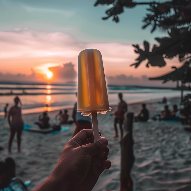 Foto una mano sosteniendo un cono de helado con el sol poniéndose detrás de él